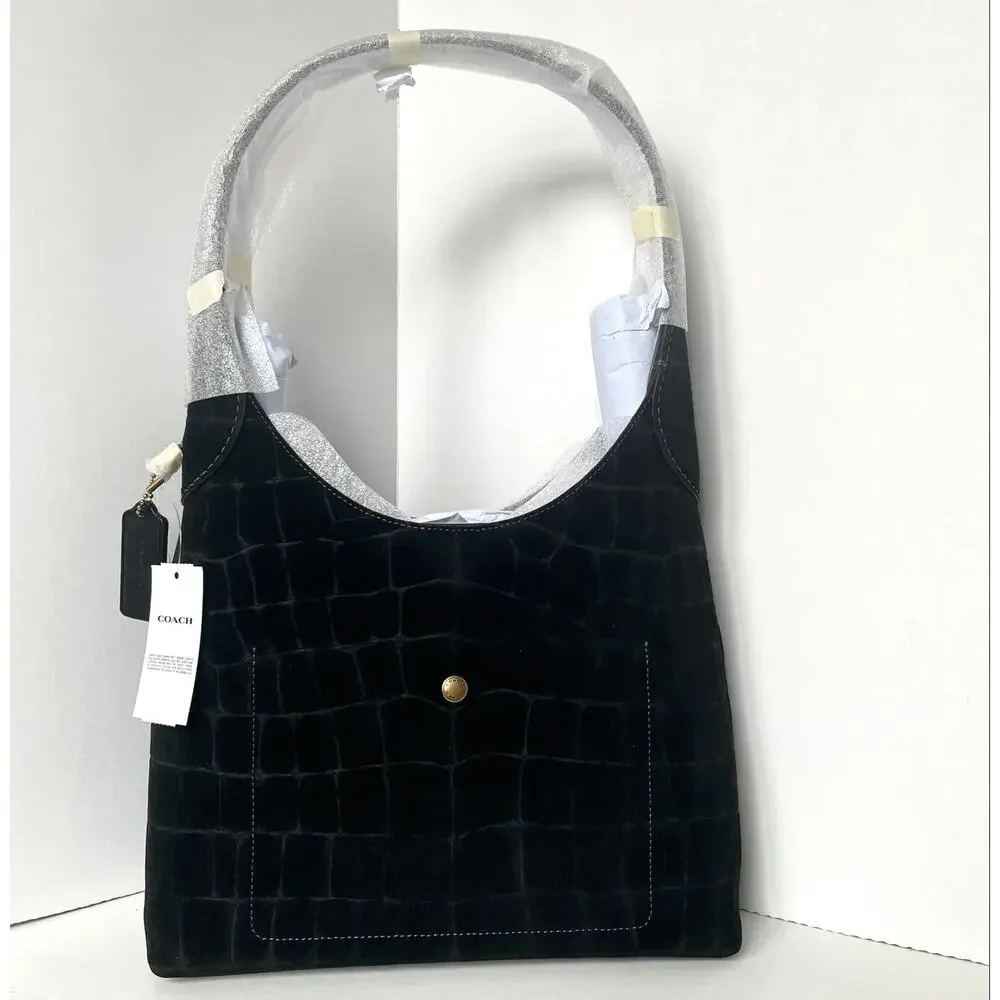 Coach Brooklyn 28 Black Croc-Embossed Suede Hobo Bag